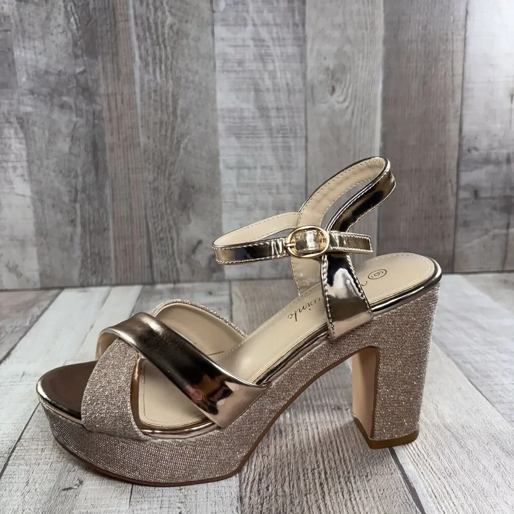 Hingswink Platform Sandals Womens Size 6 Chunky Block Heel Ankle Strap Rose Gold